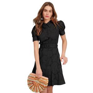 Rachel Parcell Black Eyelet Puff Sleeve Belted Shirt Dress Mini L